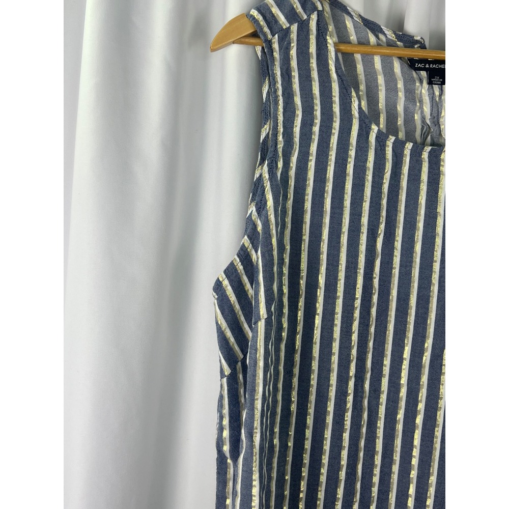 Zac & Rachel Woman Navy Gold Metallic Striped Lace Up Back Sleeveless Top 2X - Picture 5 of 13